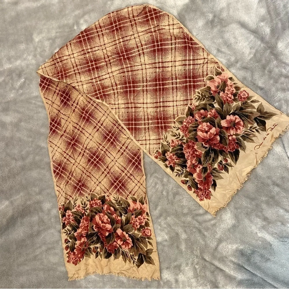 Vintage Oscar de la Renta Silk Floral Plaid Scarf Raw Fringe Wrap Designer